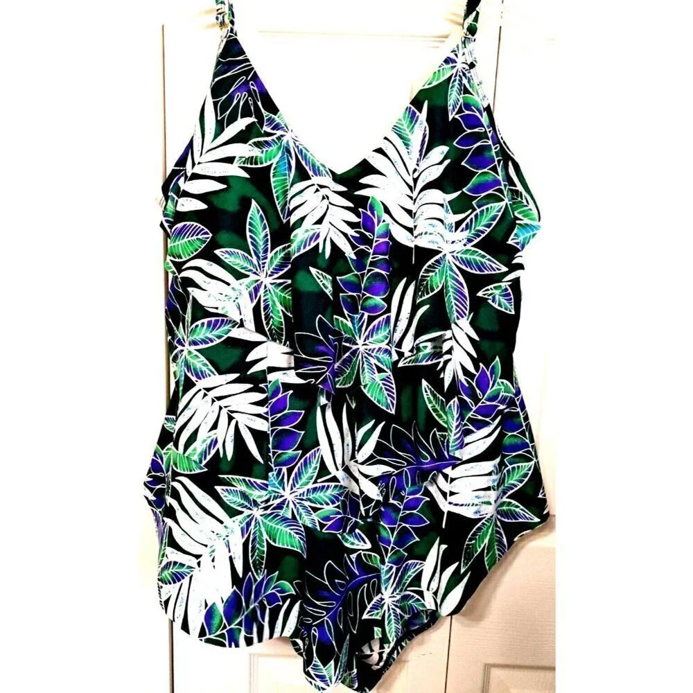 Sea & Sand Beachwear 24W One Piece Tropical Print Ruffled Swimsuit Thin Straps
